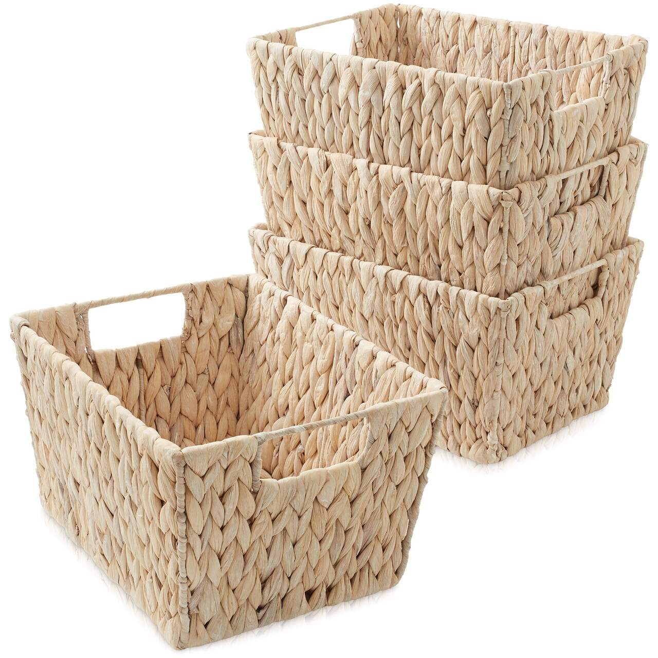 Casafield Set of 4 Water Hyacinth Storage Baskets with Handles, Woven Rectangular Storage Bins for Shelves, Blankets, Laundry Organization